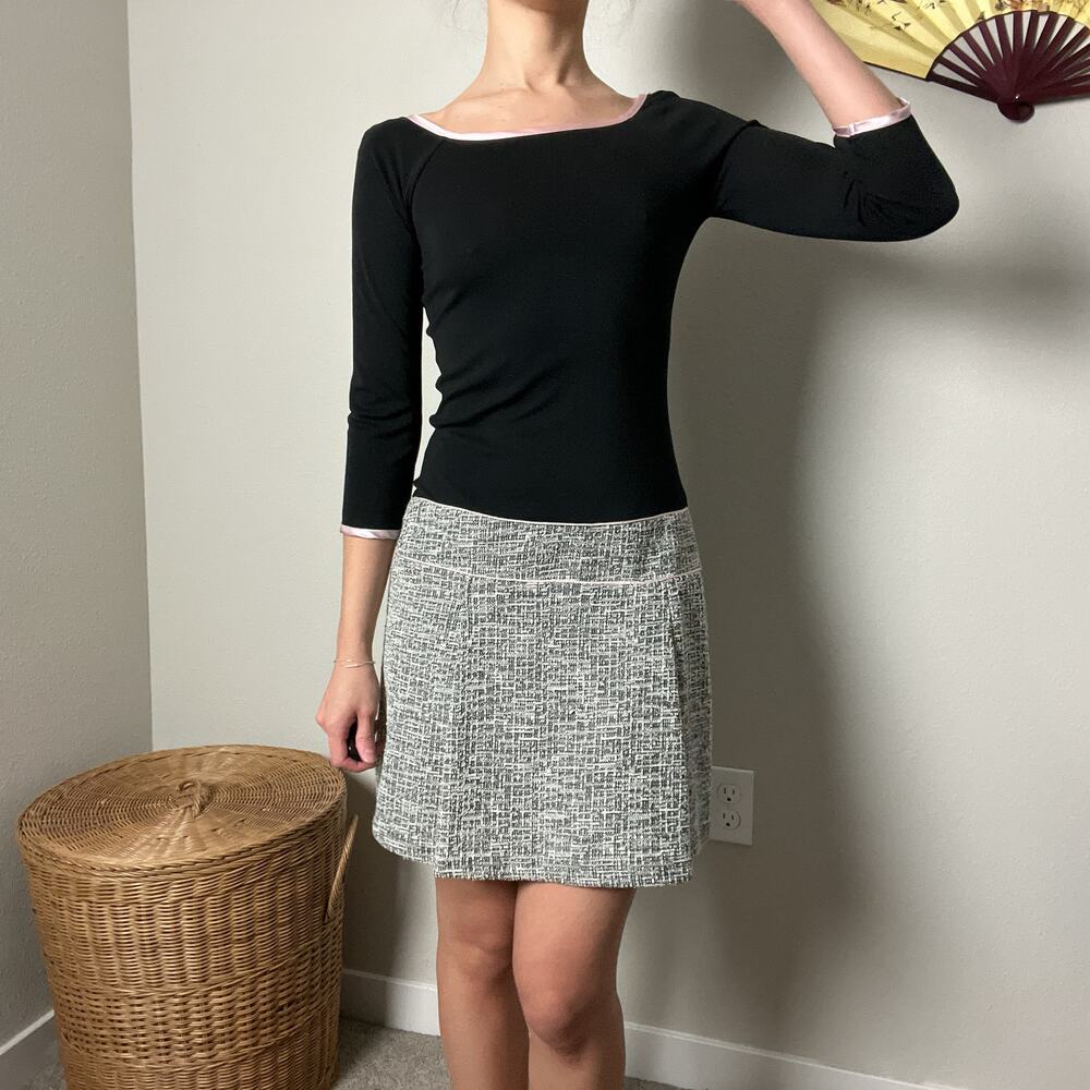 y2k vintage black baby pink tweed preppy chic dropwaist 3/4 sleeve mini dress